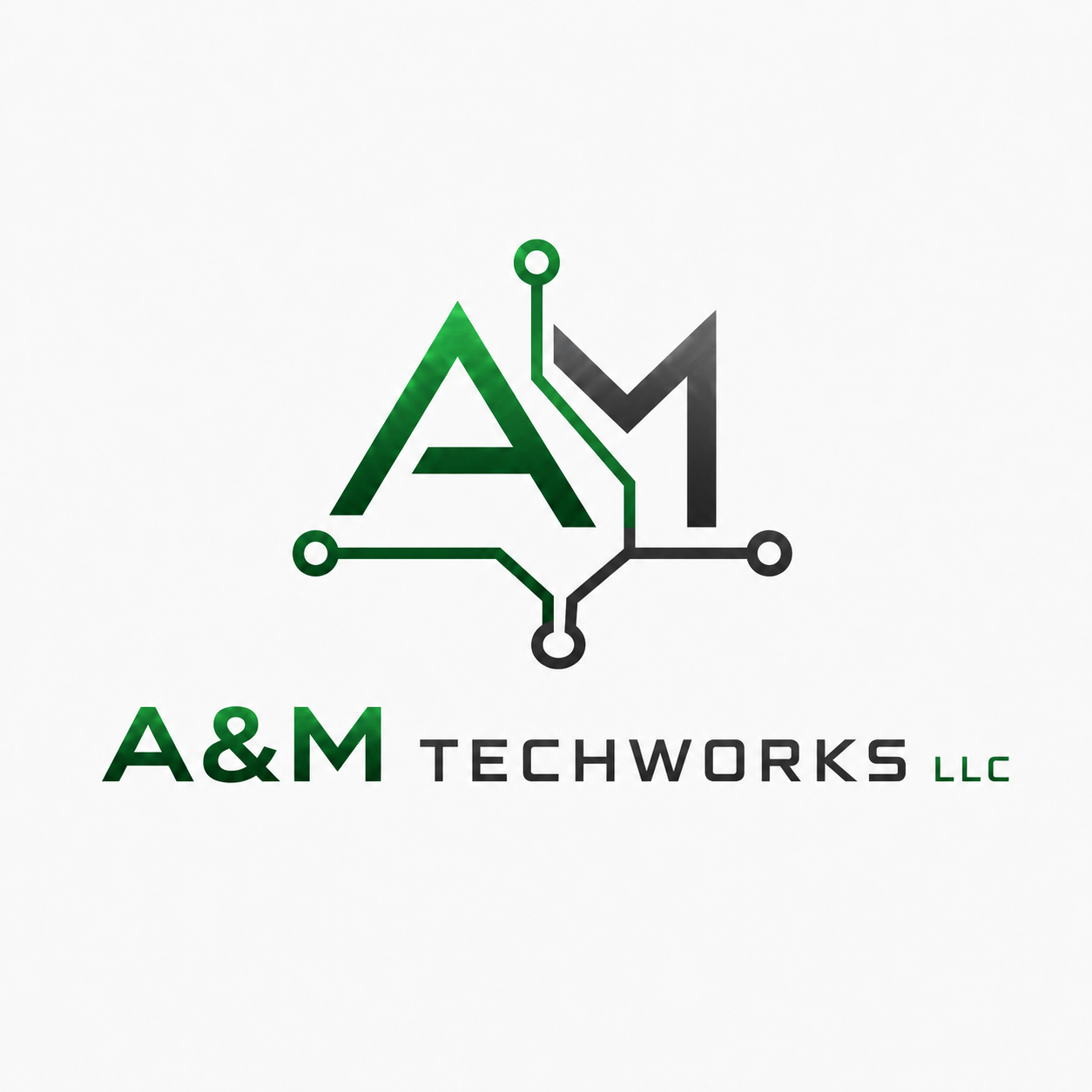 A&M TECHWORKS LLC — green and charcoal circuit-inspired logo